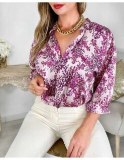 Blouse Satinée Rose Fuchsia Motif Fleuri