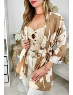 Gilet Fluide Style Kimono Beige & Caramel