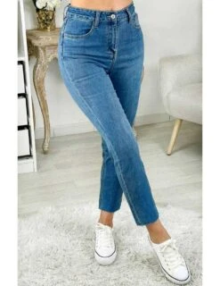 Jeans Bleu Médium Cropped Taille Haute