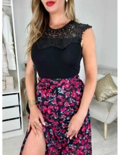 Jupe Mi-longue & Fleurie "fuchsia Et Touches Dorées" -Vive Le Style Boutique jupe mi longue fleurie fuchsia et touches dorees 2