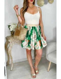 Jupe Plissée En Voilage Motif Vert & Beige -Vive Le Style Boutique jupe plissee en voilage motif vert beige 3