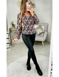 Ma Blouse Col V "fuchsia & Kaki Flowers"