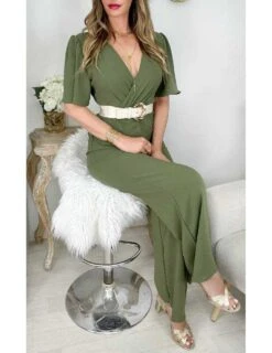 Ma Combi Pantalon Fluide Vert Kaki "col Cache Cœur & Sa Ceinture à Nouer"