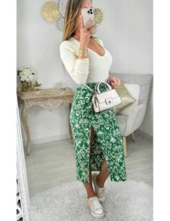 Ma Jupe Mi-longue Green Print "froncée & Fendue" -Vive Le Style Boutique ma jupe mi longue green print froncee fendue 1