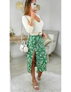 Ma Jupe Mi-longue Green Print "froncée & Fendue" -Vive Le Style Boutique ma jupe mi longue green print froncee fendue 2