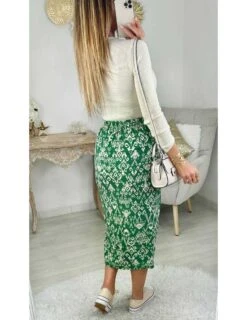 Ma Jupe Mi-longue Green Print "froncée & Fendue" -Vive Le Style Boutique ma jupe mi longue green print froncee fendue 4