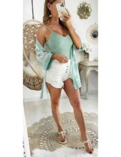 Mon Gilet Kimono Satiné "green Print" -Vive Le Style Boutique mon gilet kimono satine green print 1