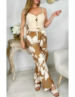 Pantalon Fluide Beige Et Caramel