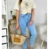 Tee Shirt Beige Oversize Motif œil Et Sequins
